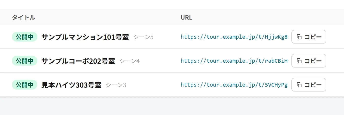 公開中の3件のツアー。それぞれにタイトルとシーン数、共有用のURL、URLをコピーするボタンが並ぶ。
