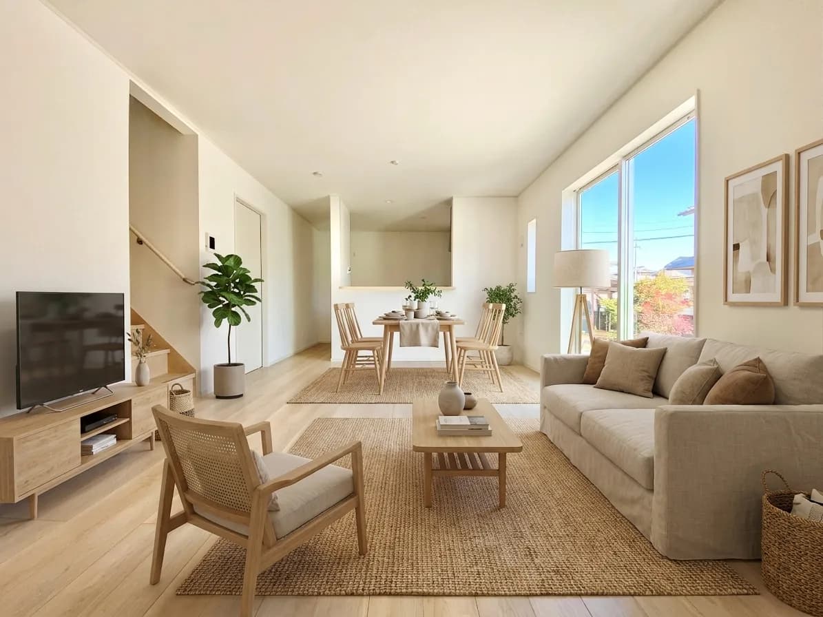 同じ部屋に家具を配置した生成イメージ。窓側にソファ、左手の壁にテレビ台、奥にダイニングテーブルを置いた案。